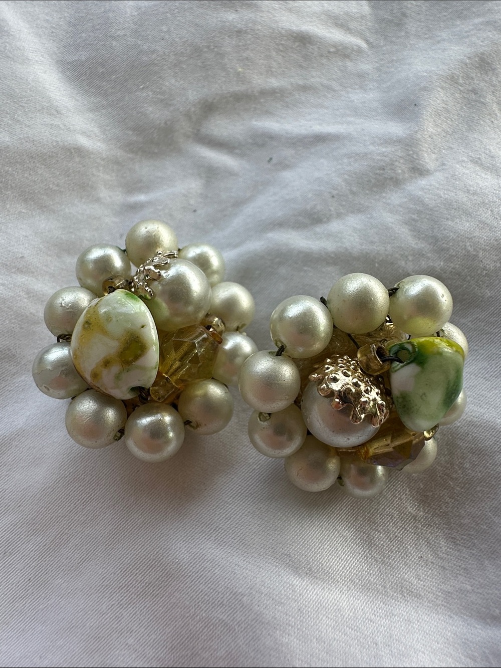 Signed Japan Pearl Cluster Earrings in Cream and Green